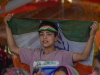 Supporters of the Indian National Congress attend a campaign rally held by Rahul Gandhi in Srinagar, Indian Administered Kashmir, on Septemb...