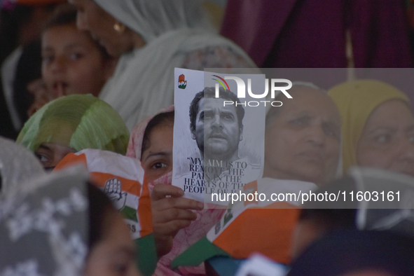 Supporters of the Indian National Congress attend a campaign rally held by Rahul Gandhi in Srinagar, Indian Administered Kashmir, on Septemb...