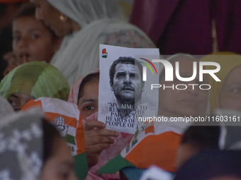 Supporters of the Indian National Congress attend a campaign rally held by Rahul Gandhi in Srinagar, Indian Administered Kashmir, on Septemb...