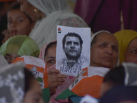 Supporters of the Indian National Congress attend a campaign rally held by Rahul Gandhi in Srinagar, Indian Administered Kashmir, on Septemb...