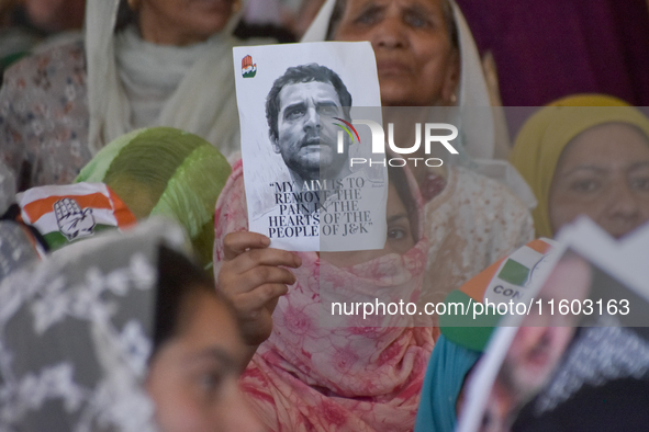 Supporters of the Indian National Congress attend a campaign rally held by Rahul Gandhi in Srinagar, Indian Administered Kashmir, on Septemb...