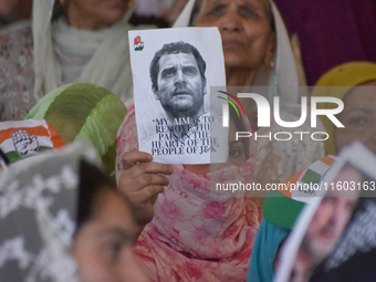 Supporters of the Indian National Congress attend a campaign rally held by Rahul Gandhi in Srinagar, Indian Administered Kashmir, on Septemb...