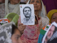 Supporters of the Indian National Congress attend a campaign rally held by Rahul Gandhi in Srinagar, Indian Administered Kashmir, on Septemb...