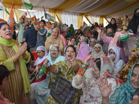 Supporters of the Indian National Congress attend a campaign rally held by Rahul Gandhi in Srinagar, Indian Administered Kashmir, on Septemb...