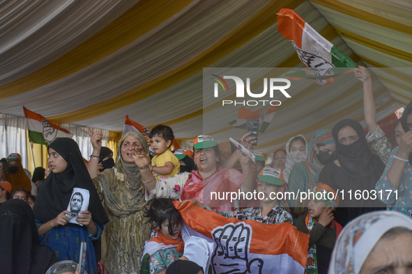 Supporters of the Indian National Congress attend a campaign rally held by Rahul Gandhi in Srinagar, Indian Administered Kashmir, on Septemb...