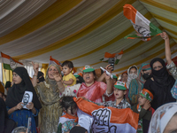 Supporters of the Indian National Congress attend a campaign rally held by Rahul Gandhi in Srinagar, Indian Administered Kashmir, on Septemb...