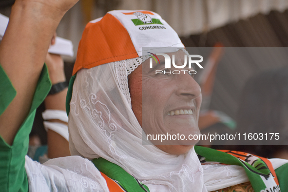 Supporters of the Indian National Congress attend a campaign rally held by Rahul Gandhi in Srinagar, Indian Administered Kashmir, on Septemb...