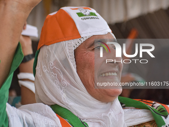 Supporters of the Indian National Congress attend a campaign rally held by Rahul Gandhi in Srinagar, Indian Administered Kashmir, on Septemb...