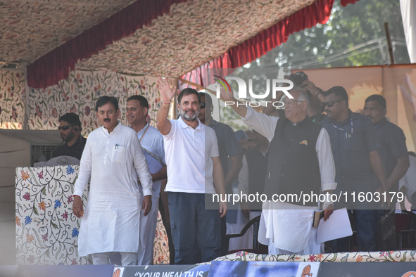 Supporters of the Indian National Congress attend a campaign rally held by Rahul Gandhi in Srinagar, Indian Administered Kashmir, on Septemb...