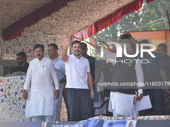 Supporters of the Indian National Congress attend a campaign rally held by Rahul Gandhi in Srinagar, Indian Administered Kashmir, on Septemb...