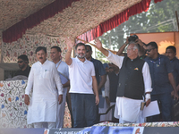 Supporters of the Indian National Congress attend a campaign rally held by Rahul Gandhi in Srinagar, Indian Administered Kashmir, on Septemb...