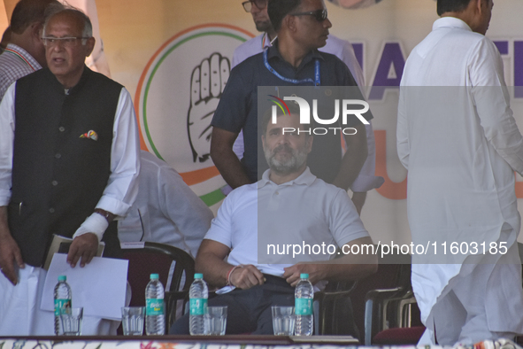 Indian National Congress head Rahul Gandhi attends a campaign rally in Srinagar, Indian Administered Kashmir, on September 23, 2024. 