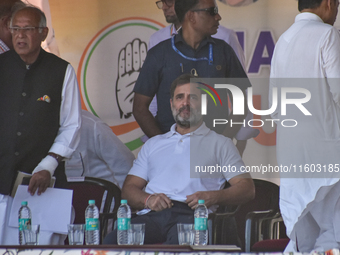 Indian National Congress head Rahul Gandhi attends a campaign rally in Srinagar, Indian Administered Kashmir, on September 23, 2024. (