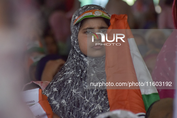 Supporters of the Indian National Congress attend a campaign rally held by Rahul Gandhi in Srinagar, Indian Administered Kashmir, on Septemb...