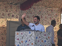 Indian National Congress head Rahul Gandhi addresses a campaign rally in Srinagar, Indian Administered Kashmir, on September 23, 2024. (