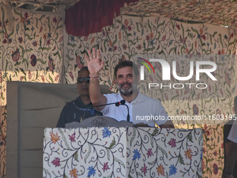 Indian National Congress head Rahul Gandhi addresses a campaign rally in Srinagar, Indian Administered Kashmir, on September 23, 2024. (