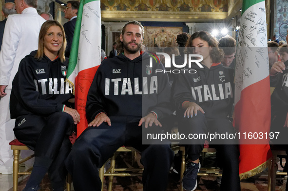 (Left to right) Arianna Arrigo, Gianmarco Tamberi, and Ambra Sabatini during the return ceremony of the flag of the Italian athletes returni...