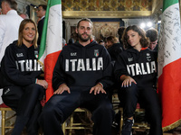 (Left to right) Arianna Arrigo, Gianmarco Tamberi, and Ambra Sabatini during the return ceremony of the flag of the Italian athletes returni...