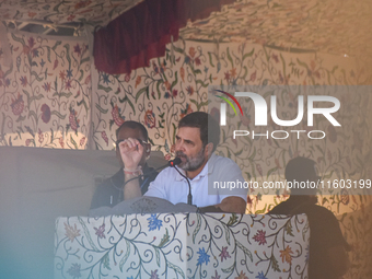 Indian National Congress head Rahul Gandhi addresses a campaign rally in Srinagar, Indian Administered Kashmir, on September 23, 2024. (