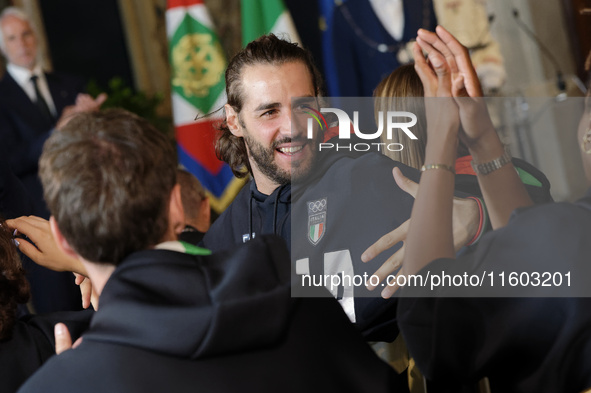 Gianmarco Tamberi participates in the return ceremony of the Flag of the Italian athletes returning from the Paris 2024 Olympic and Paralymp...