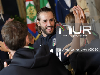 Gianmarco Tamberi participates in the return ceremony of the Flag of the Italian athletes returning from the Paris 2024 Olympic and Paralymp...