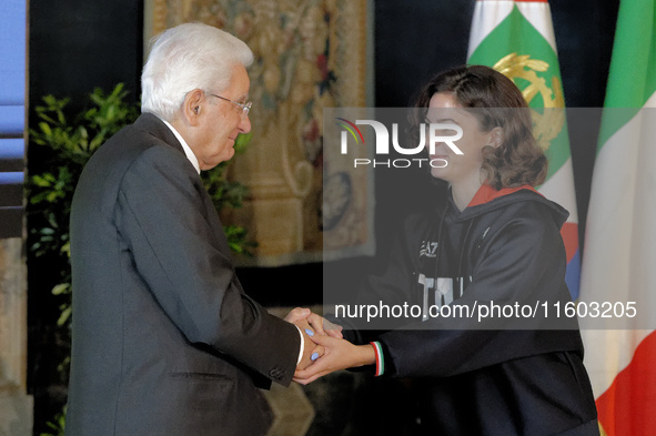 Sergio Mattarella and Ambra Sabatini attend the return ceremony of the Flag of the Italian athletes returning from the Paris 2024 Olympic an...