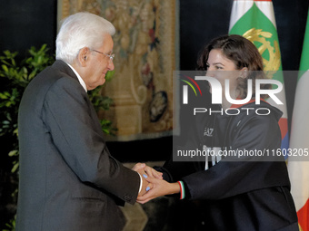 Sergio Mattarella and Ambra Sabatini attend the return ceremony of the Flag of the Italian athletes returning from the Paris 2024 Olympic an...