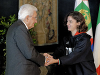 Sergio Mattarella and Ambra Sabatini attend the return ceremony of the Flag of the Italian athletes returning from the Paris 2024 Olympic an...