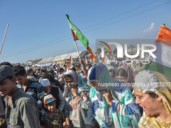 Supporters of the Indian National Congress leave the venue after a rally held by Rahul Gandhi in Srinagar, Indian Administered Kashmir, on S...