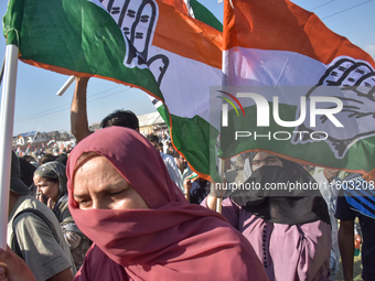 Supporters of the Indian National Congress leave the venue after a rally held by Rahul Gandhi in Srinagar, Indian Administered Kashmir, on S...