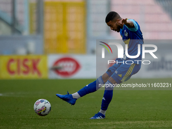 Wescley Matos Da Silva of Sliema Wanderers is in action during the Malta 360 Sports Premier League soccer match between Gzira United and Sli...