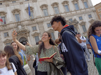 Mattia Furlani poses for a selfie at the end of the ceremony of the flags with the President of the Republic Sergio Mattarella in Rome, Ital...