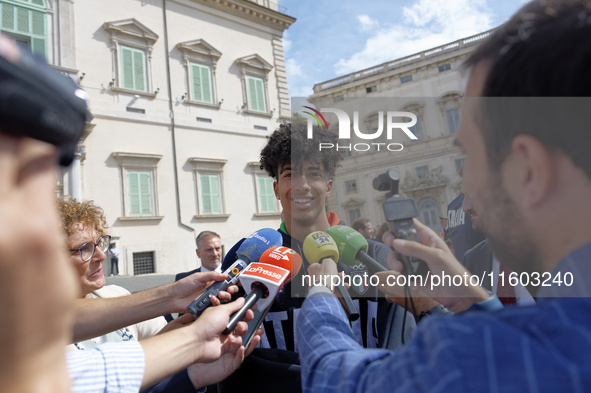 Mattia Furlani leaves the Quirinale after the ceremony of the flags with the President of the Republic Sergio Mattarella in Rome, Italy, on...