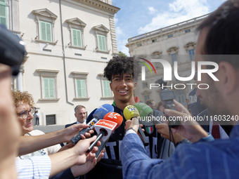 Mattia Furlani leaves the Quirinale after the ceremony of the flags with the President of the Republic Sergio Mattarella in Rome, Italy, on...