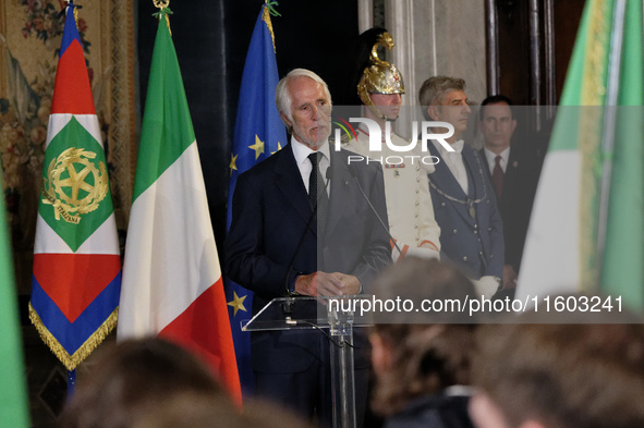 Giovanni Malago participates in the return ceremony of the Flag of the Italian athletes returning from the Paris 2024 Olympic and Paralympic...