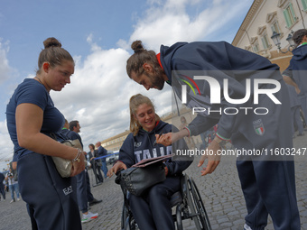 Gianmarco Tamberi talks with Monica Boggioni after the ceremony of the flags with the President of the Republic Sergio Mattarella in Rome, I...