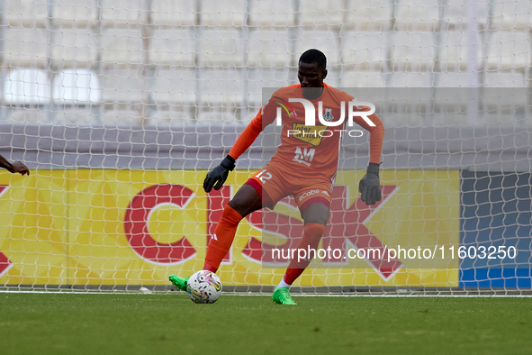 Emeka Kelvin Agu, goalkeeper of Sliema Wanderers, is in action during the Malta 360 Sports Premier League soccer match between Gzira United...