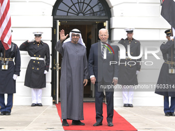 US President Joe Biden greets His Highness President Sheikh Mohamed bin Zayed Al Nahyan of the United Arab Emirates on the South Lawn of the...