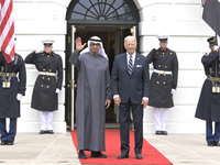 US President Joe Biden greets His Highness President Sheikh Mohamed bin Zayed Al Nahyan of the United Arab Emirates on the South Lawn of the...