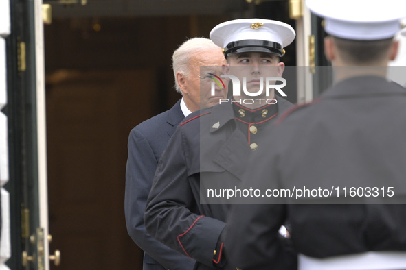 US President Joe Biden greets His Highness President Sheikh Mohamed bin Zayed Al Nahyan of the United Arab Emirates on the South Lawn of the...