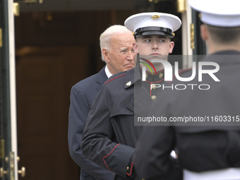 US President Joe Biden greets His Highness President Sheikh Mohamed bin Zayed Al Nahyan of the United Arab Emirates on the South Lawn of the...