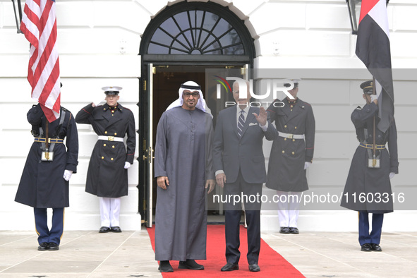 US President Joe Biden greets His Highness President Sheikh Mohamed bin Zayed Al Nahyan of the United Arab Emirates on the South Lawn of the...