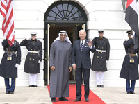 US President Joe Biden greets His Highness President Sheikh Mohamed bin Zayed Al Nahyan of the United Arab Emirates on the South Lawn of the...