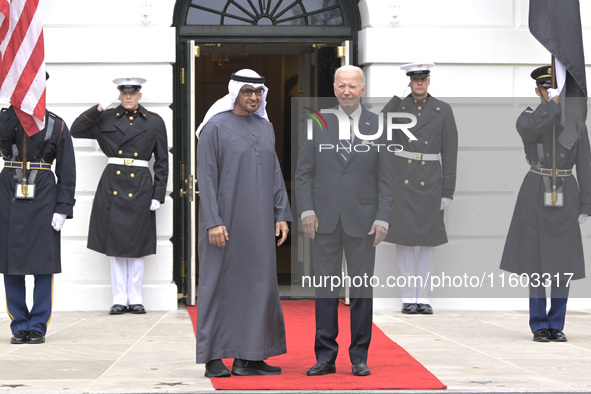 US President Joe Biden greets His Highness President Sheikh Mohamed bin Zayed Al Nahyan of the United Arab Emirates on the South Lawn of the...