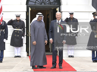 US President Joe Biden greets His Highness President Sheikh Mohamed bin Zayed Al Nahyan of the United Arab Emirates on the South Lawn of the...