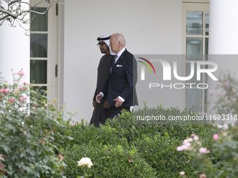 US President Joe Biden greets His Highness President Sheikh Mohamed bin Zayed Al Nahyan of the United Arab Emirates on the South Lawn of the...