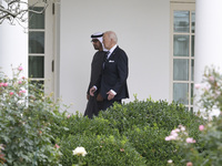 US President Joe Biden greets His Highness President Sheikh Mohamed bin Zayed Al Nahyan of the United Arab Emirates on the South Lawn of the...