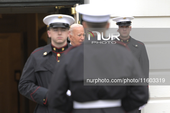 US President Joe Biden greets His Highness President Sheikh Mohamed bin Zayed Al Nahyan of the United Arab Emirates on the South Lawn of the...