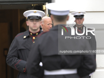 US President Joe Biden greets His Highness President Sheikh Mohamed bin Zayed Al Nahyan of the United Arab Emirates on the South Lawn of the...