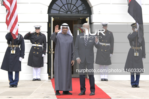 US President Joe Biden greets His Highness President Sheikh Mohamed bin Zayed Al Nahyan of the United Arab Emirates on the South Lawn of the...